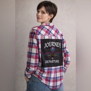 Upcycled Journey Departure Graphic Tee On Columbia Flannel Shirt Size M OOAK